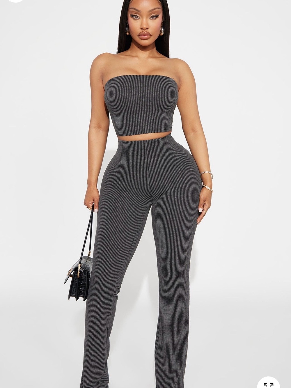 Ribbed Strapless Crop Top & High-Waist Pants Set - Charcoal